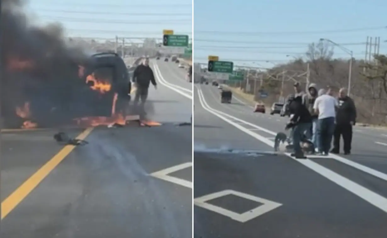 People Pull Out Woman From Burning Car On New York Highway